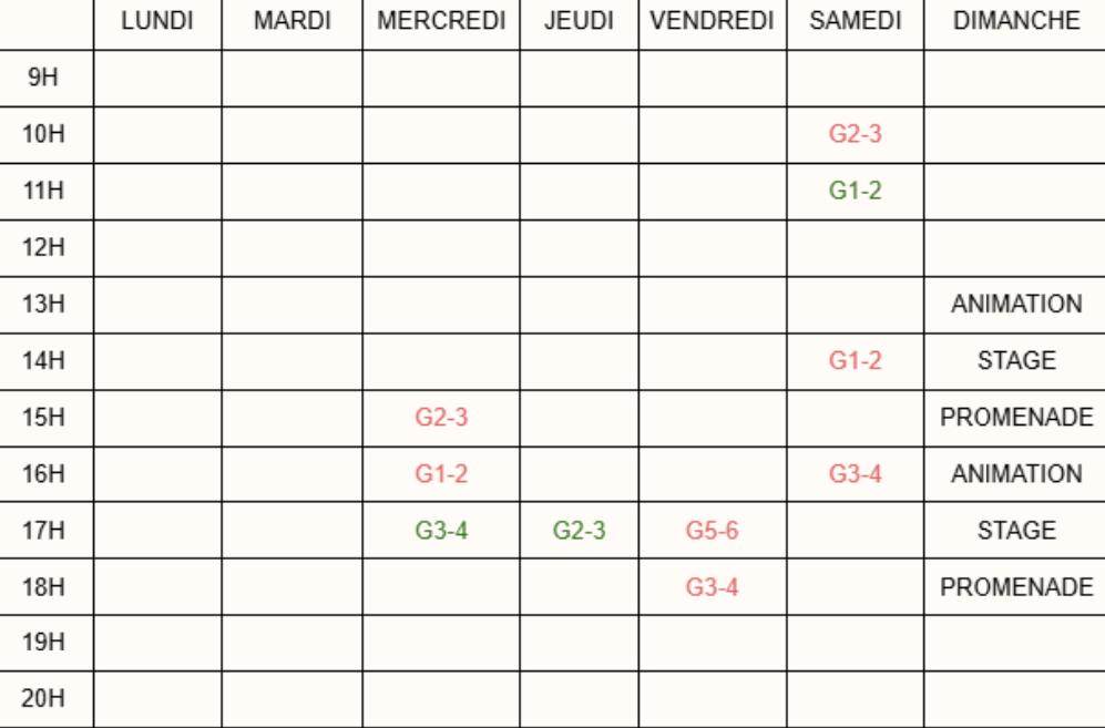 Tableau illustrant le planning et les détails de nos cours
